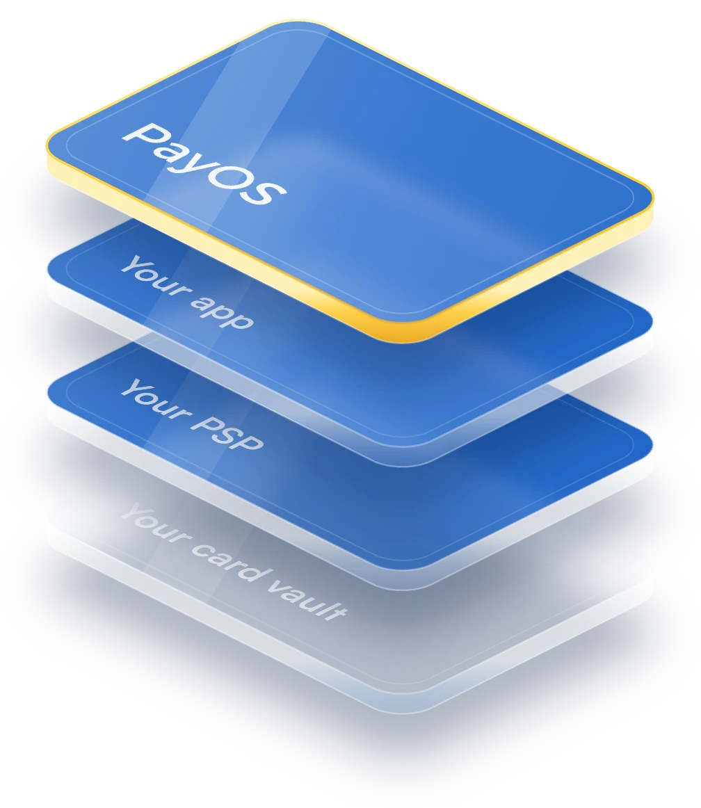 PayOS layered over your app, PSP and card vault
